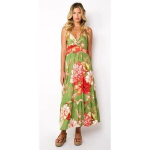 Z&L Europe Flora Maxi Dress S Green Floral Twist Front Tropical Boho Resort Chic